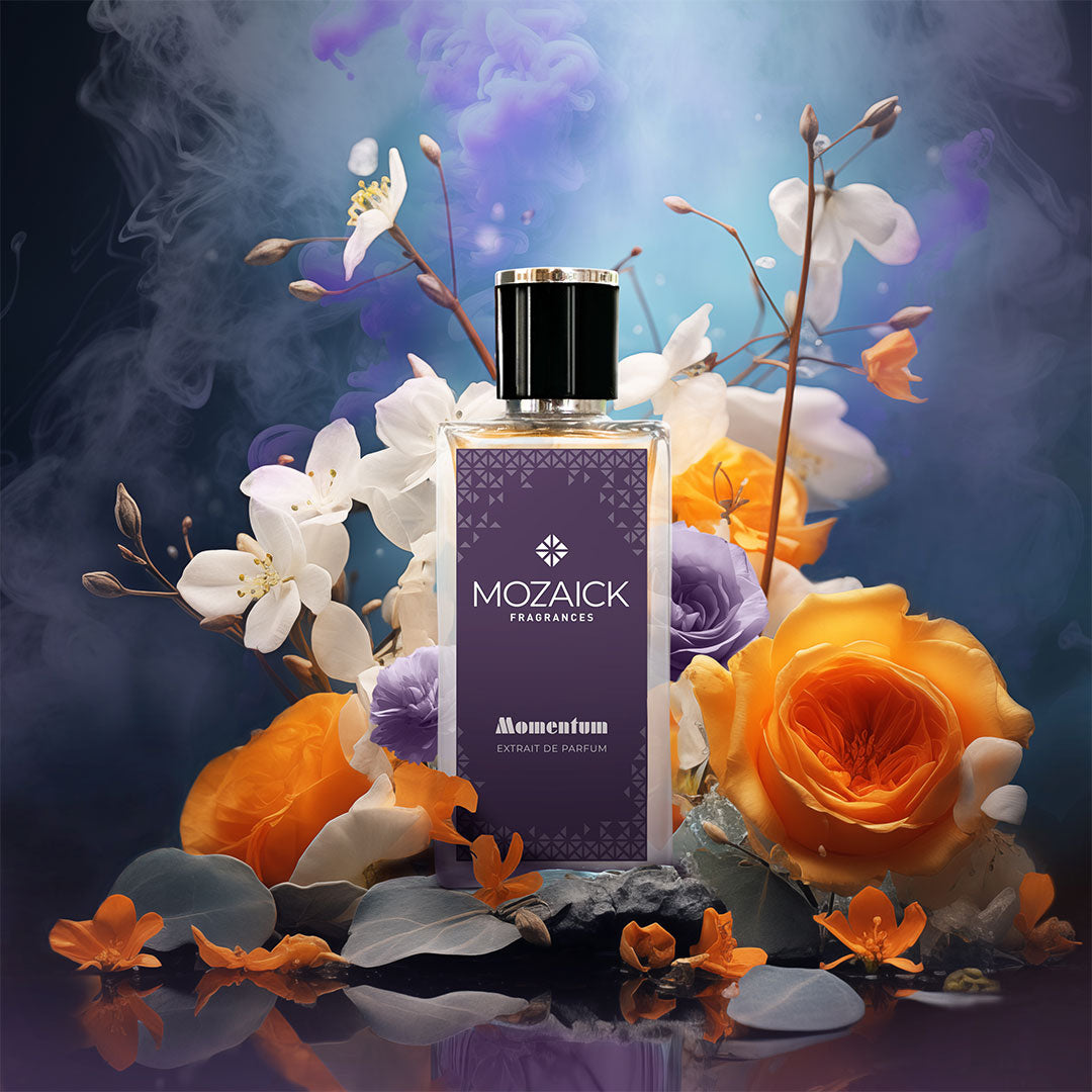 MOMENTUM Extrait de Parfum 50 ml by MOZAICK – bottle with orange roses and white and purple flowers